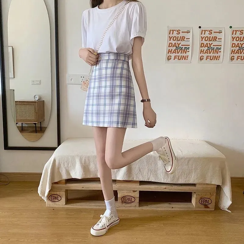 Summer Korean All-Matching High Waist Slim Look A-Line Skirt Women Hip Flattering Chequered Skirt