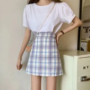 Summer Korean All-Matching High Waist Slim Look A-Line Skirt Women Hip Flattering Chequered Skirt