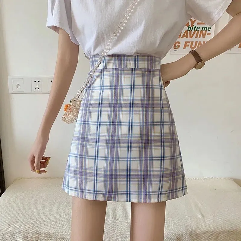 Summer Korean All-Matching High Waist Slim Look A-Line Skirt Women Hip Flattering Chequered Skirt