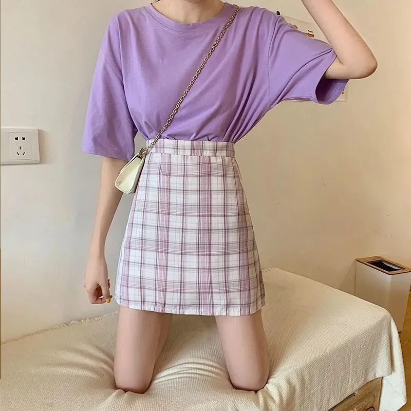 Summer Korean All-Matching High Waist Slim Look A-Line Skirt Women Hip Flattering Chequered Skirt