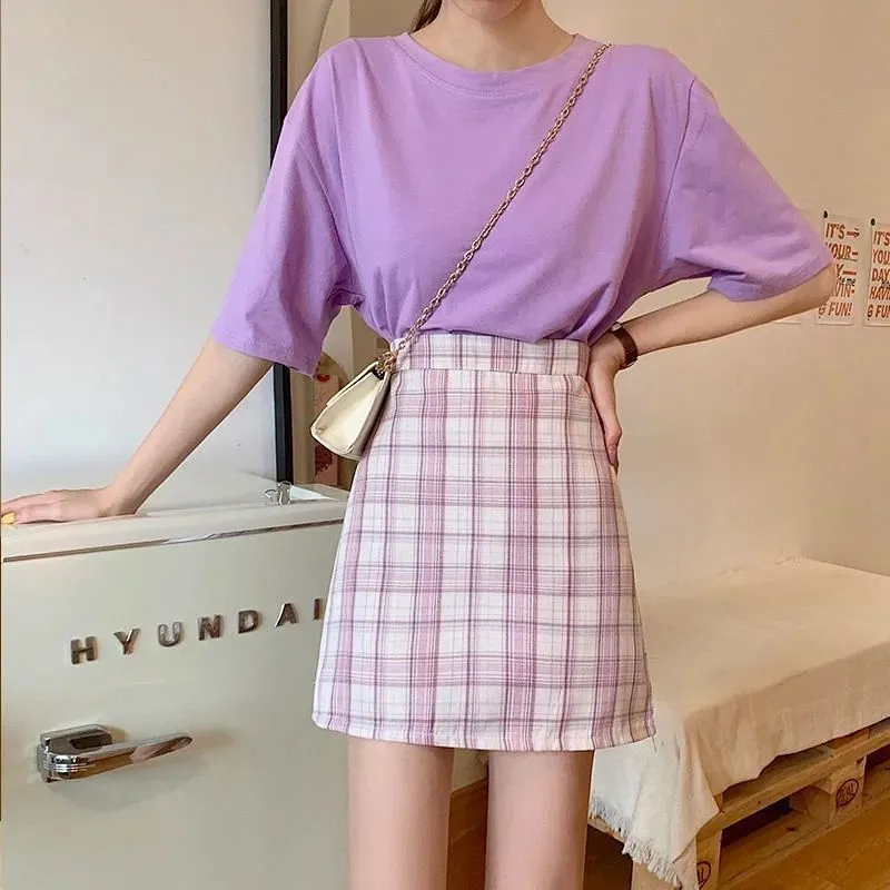 Summer Korean All-Matching High Waist Slim Look A-Line Skirt Women Hip Flattering Chequered Skirt