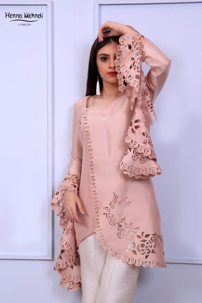Tea Pink Ruffle Sleeves Laser Cut Outfit