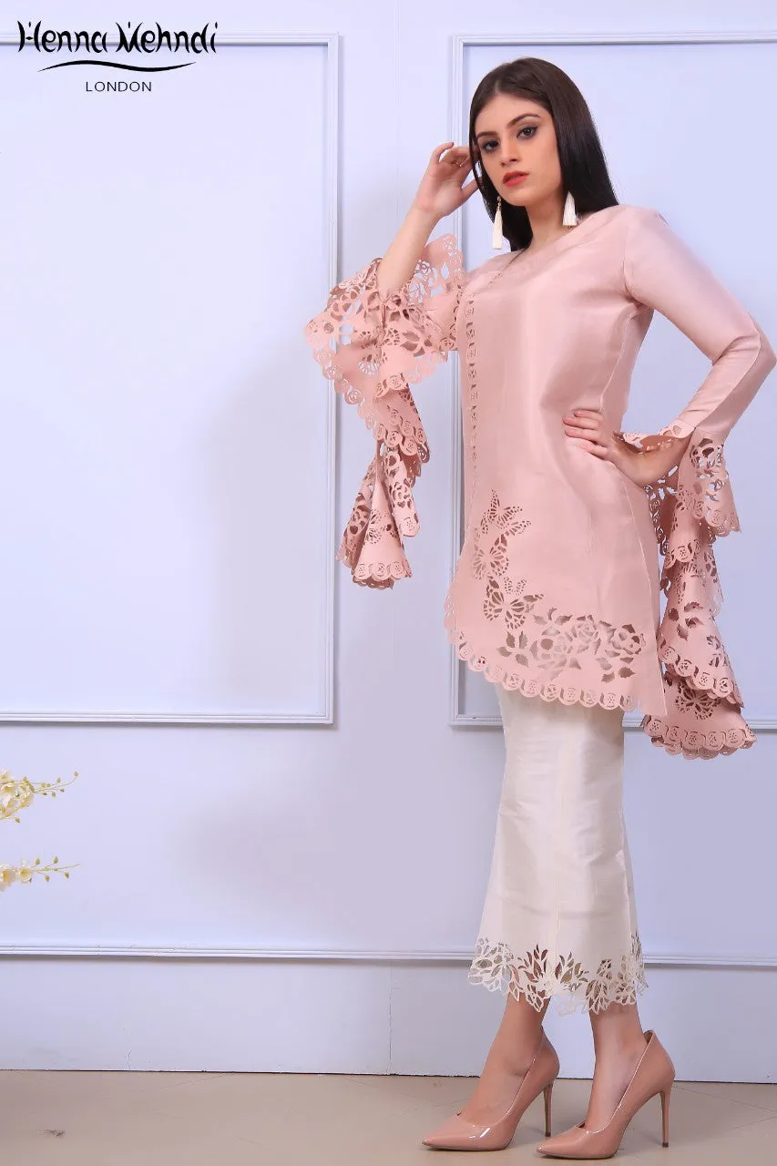 Tea Pink Ruffle Sleeves Laser Cut Outfit