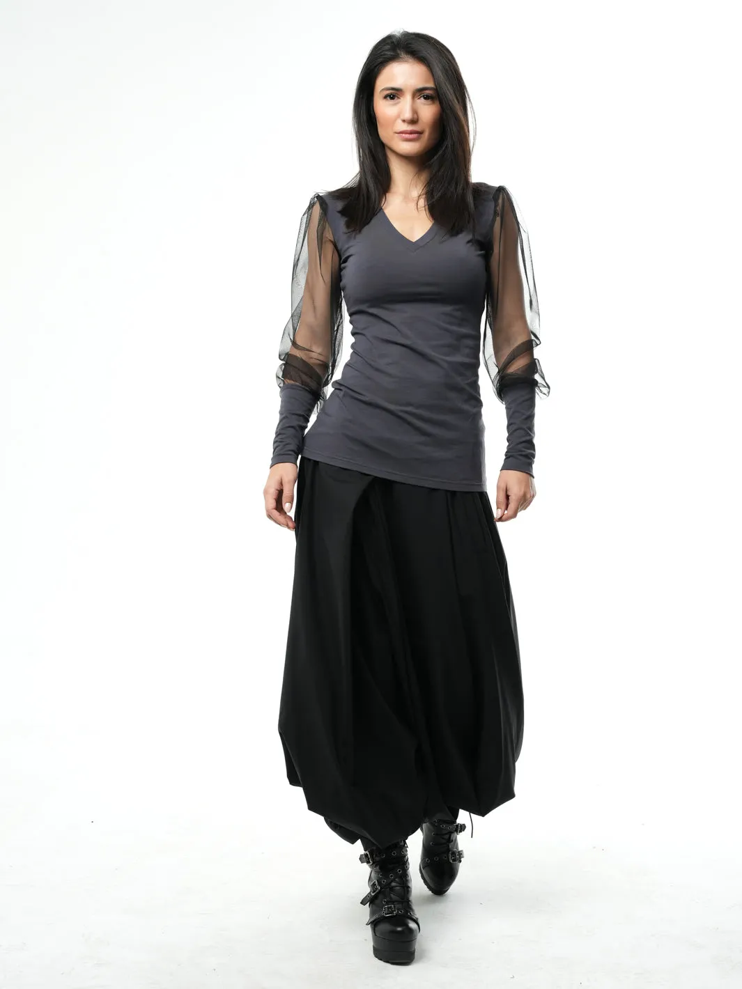 V-Neck Top With Tulle Sleeves In Gray