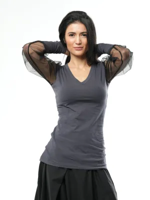 V-Neck Top With Tulle Sleeves In Gray