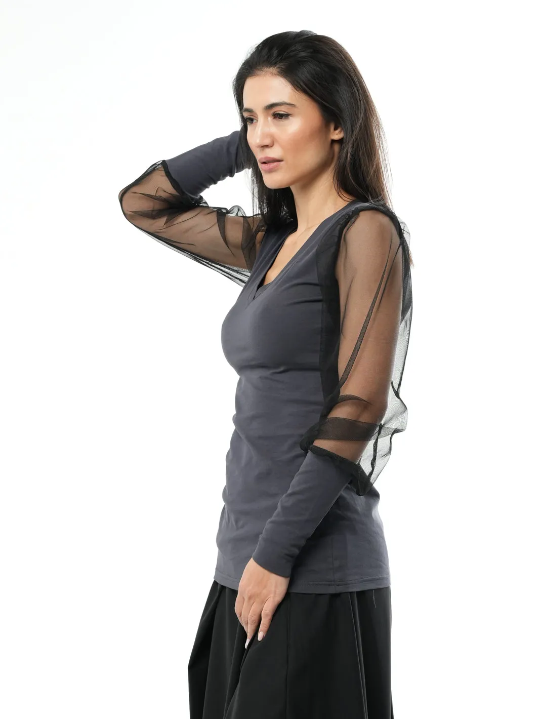 V-Neck Top With Tulle Sleeves In Gray
