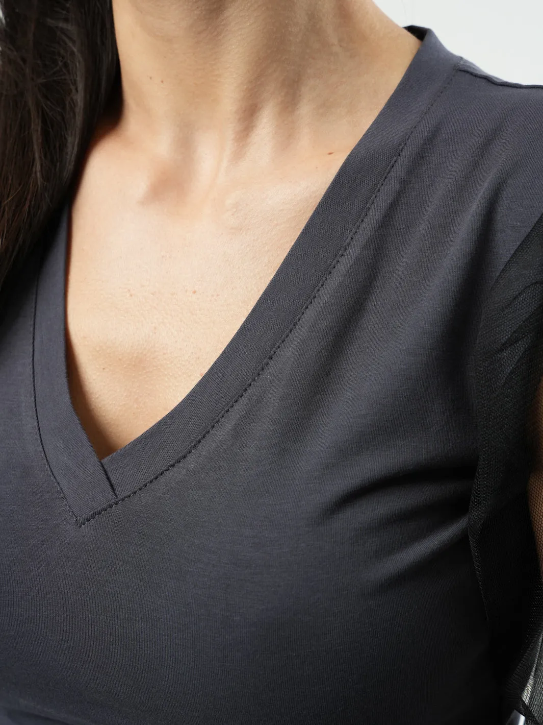 V-Neck Top With Tulle Sleeves In Gray