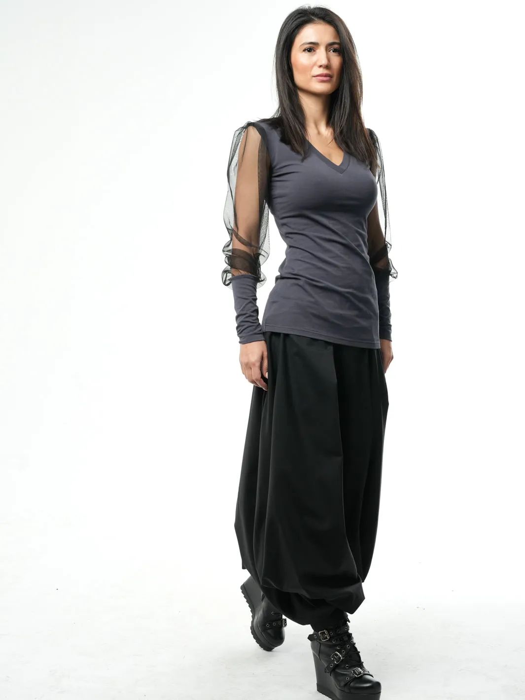 V-Neck Top With Tulle Sleeves In Gray