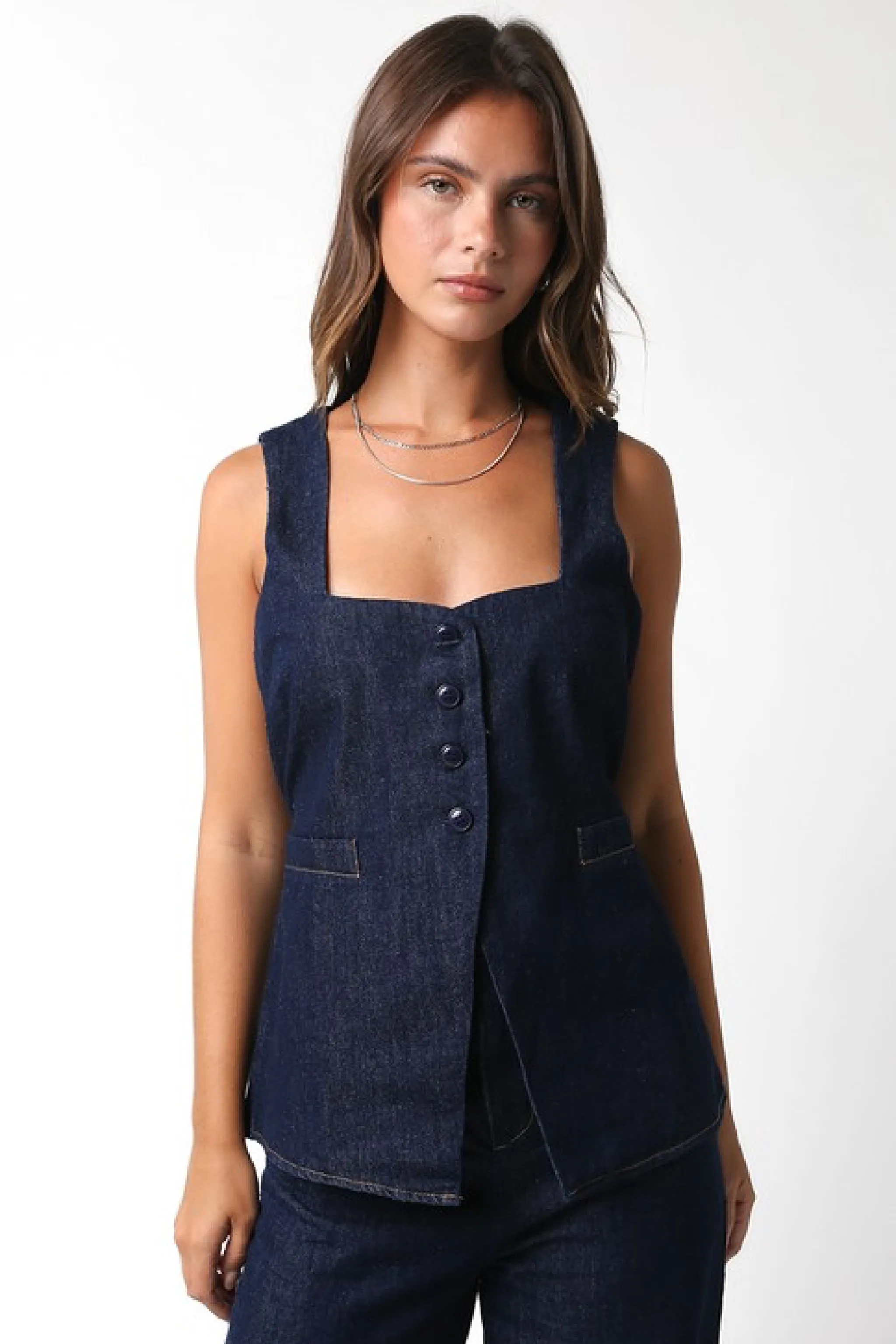Waitlist 10/30 ♥ Leanna Sleeveless Partial Button Down Denim Top Dark Wash