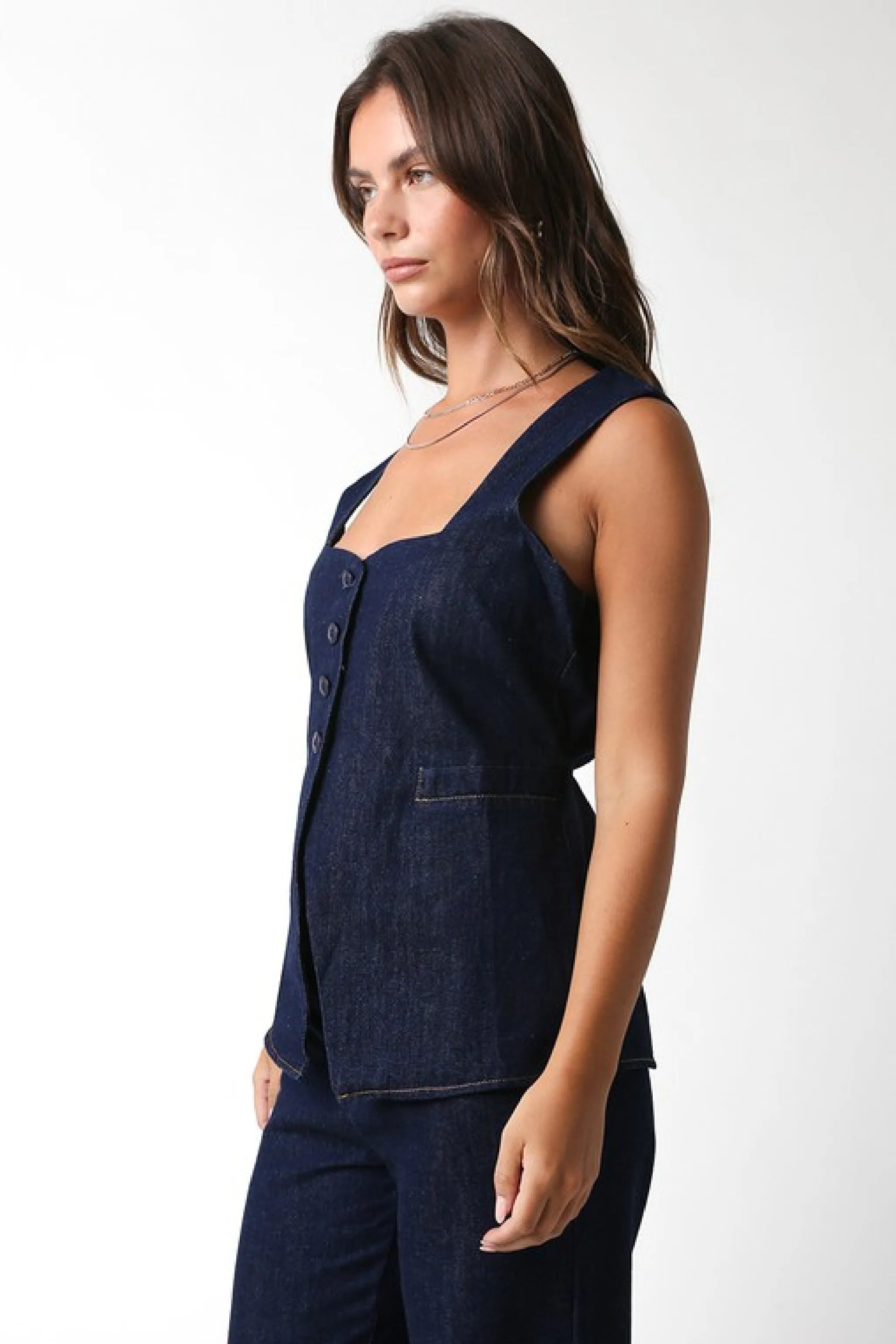 Waitlist 10/30 ♥ Leanna Sleeveless Partial Button Down Denim Top Dark Wash
