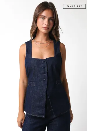 Waitlist 10/30 ♥ Leanna Sleeveless Partial Button Down Denim Top Dark Wash
