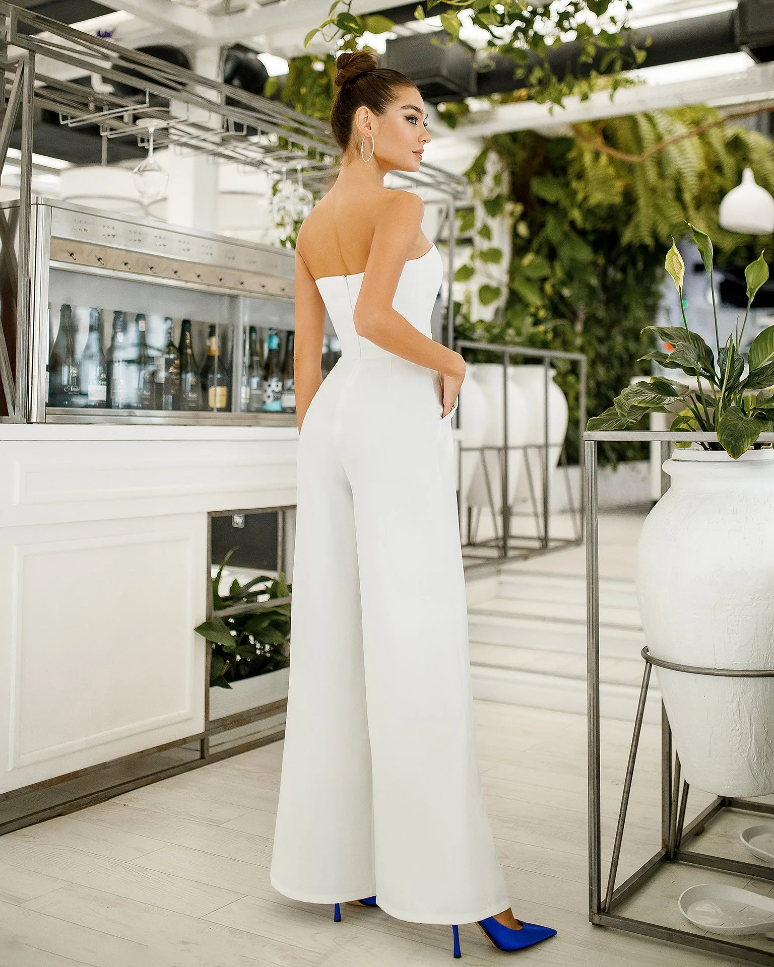 White Strapless V-Neck Jumpsuit