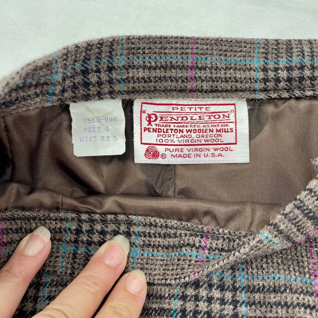 women Pendleton Vtg Pendleton Virgin Wool Brown & Teal Plaid Pencil Skirt Sz 4P Brown/Blue/Pink Skirt 4P