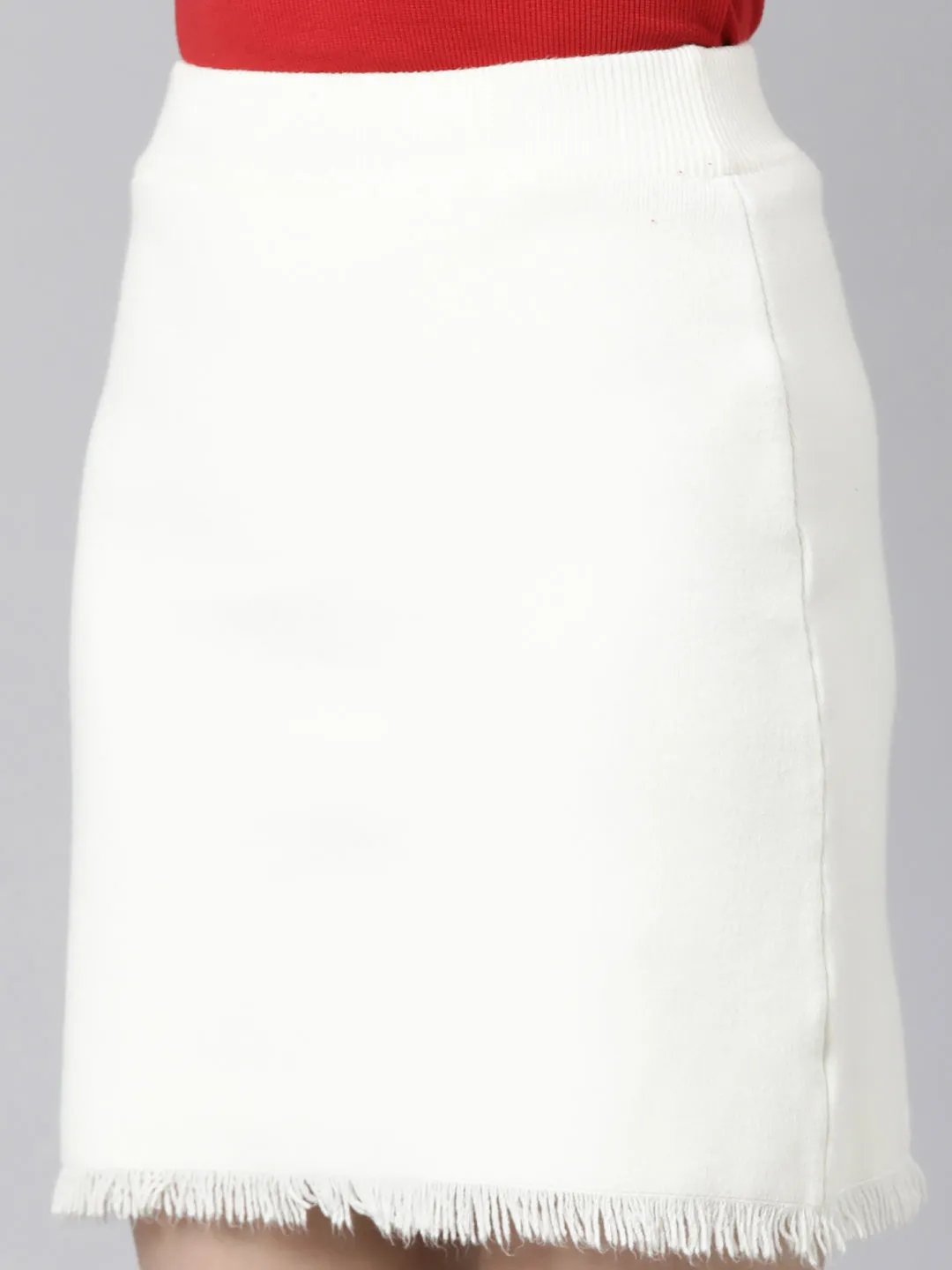Women Solid Cream Pencil Mini Skirt