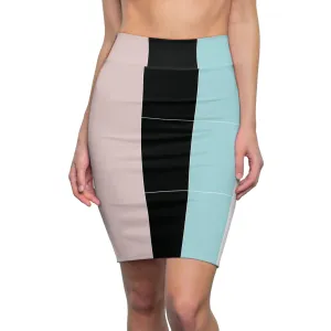 Womens High Waist Pencil Skirt - Pastel Colorblock Pink/black/blue