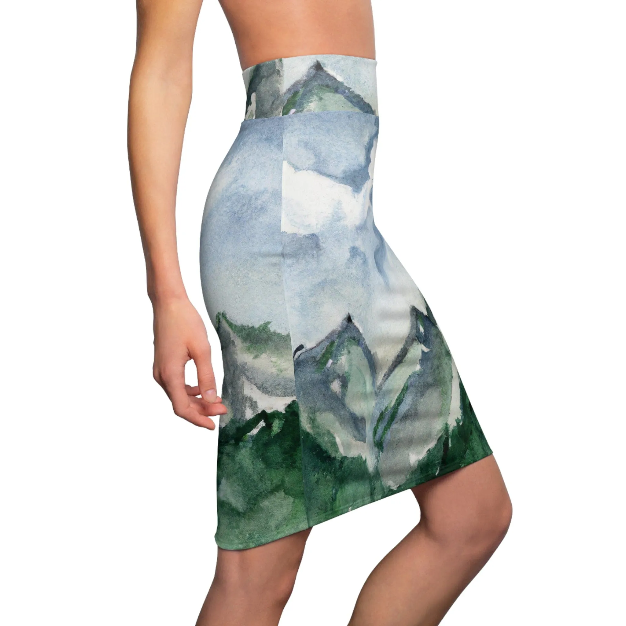 Womens Pencil Skirt - Green Mountainside Nature Landscape Blue Sky Print