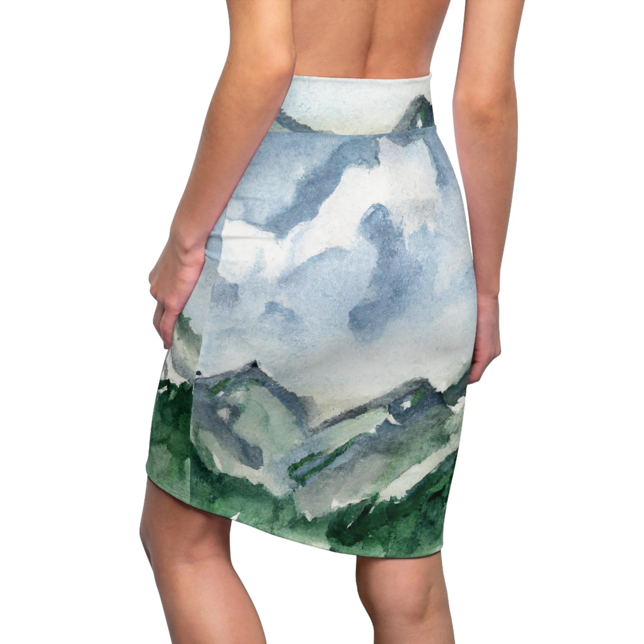 Womens Pencil Skirt - Green Mountainside Nature Landscape Blue Sky Print