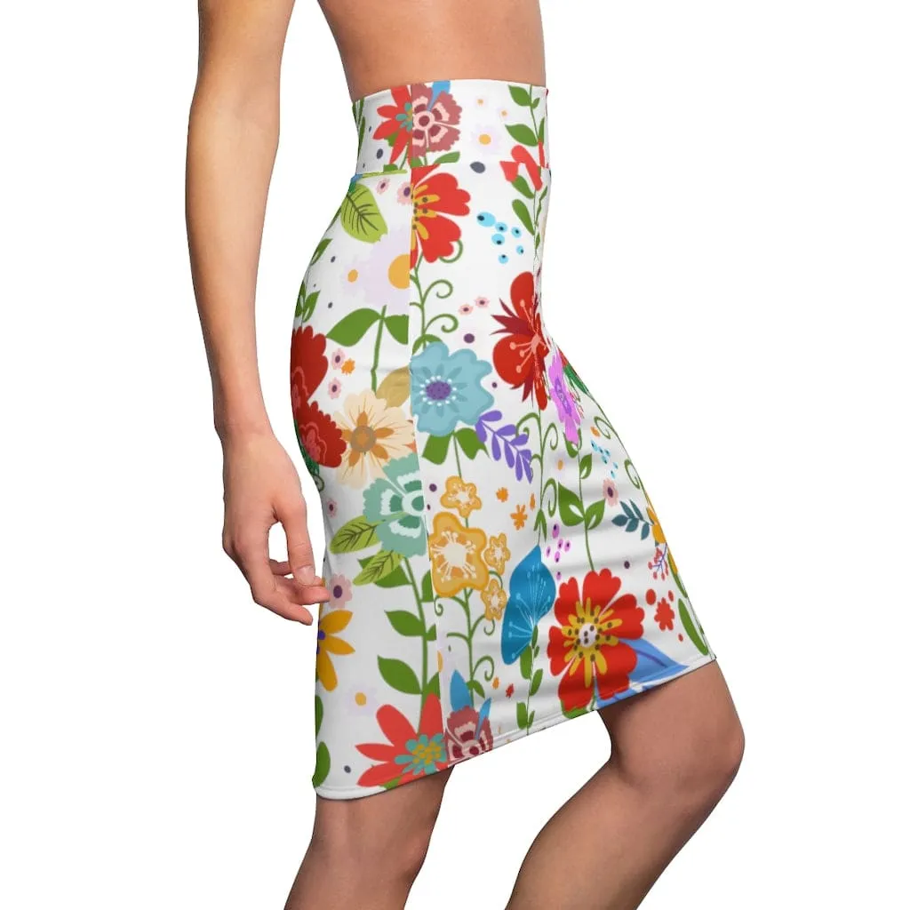 Womens Pencil Skirt - High Waist Stretch - Multicolor Floral Print