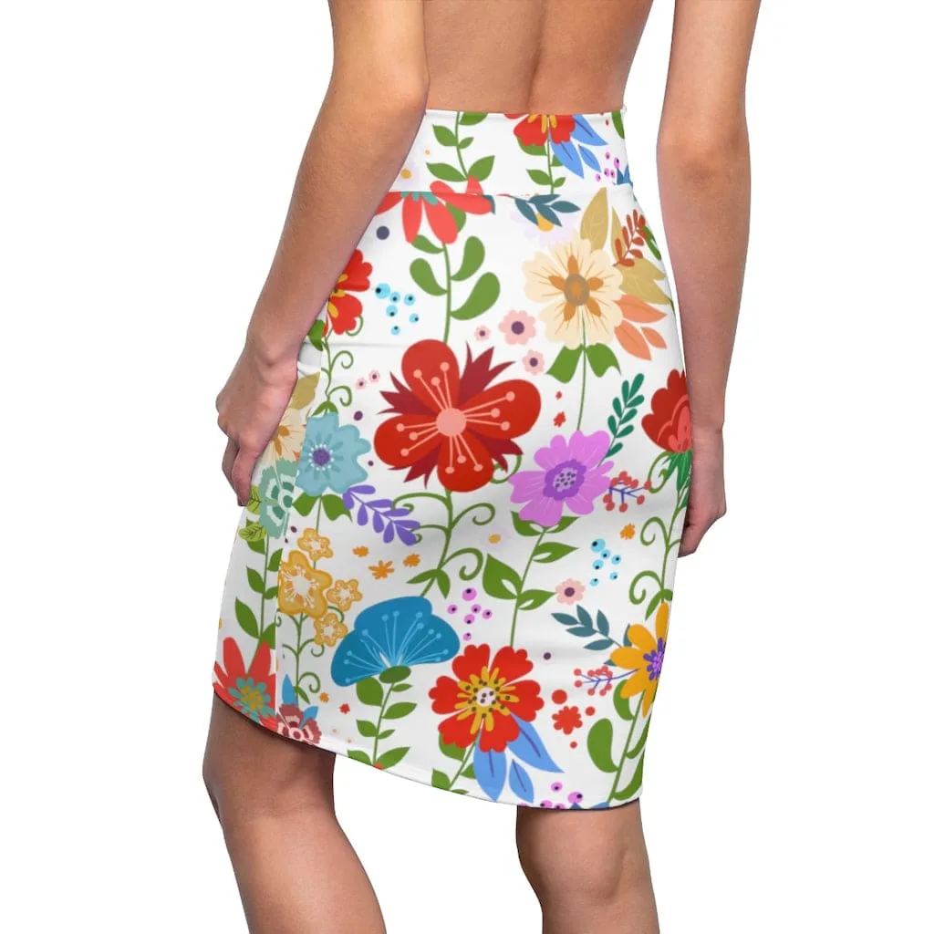 Womens Pencil Skirt - High Waist Stretch - Multicolor Floral Print