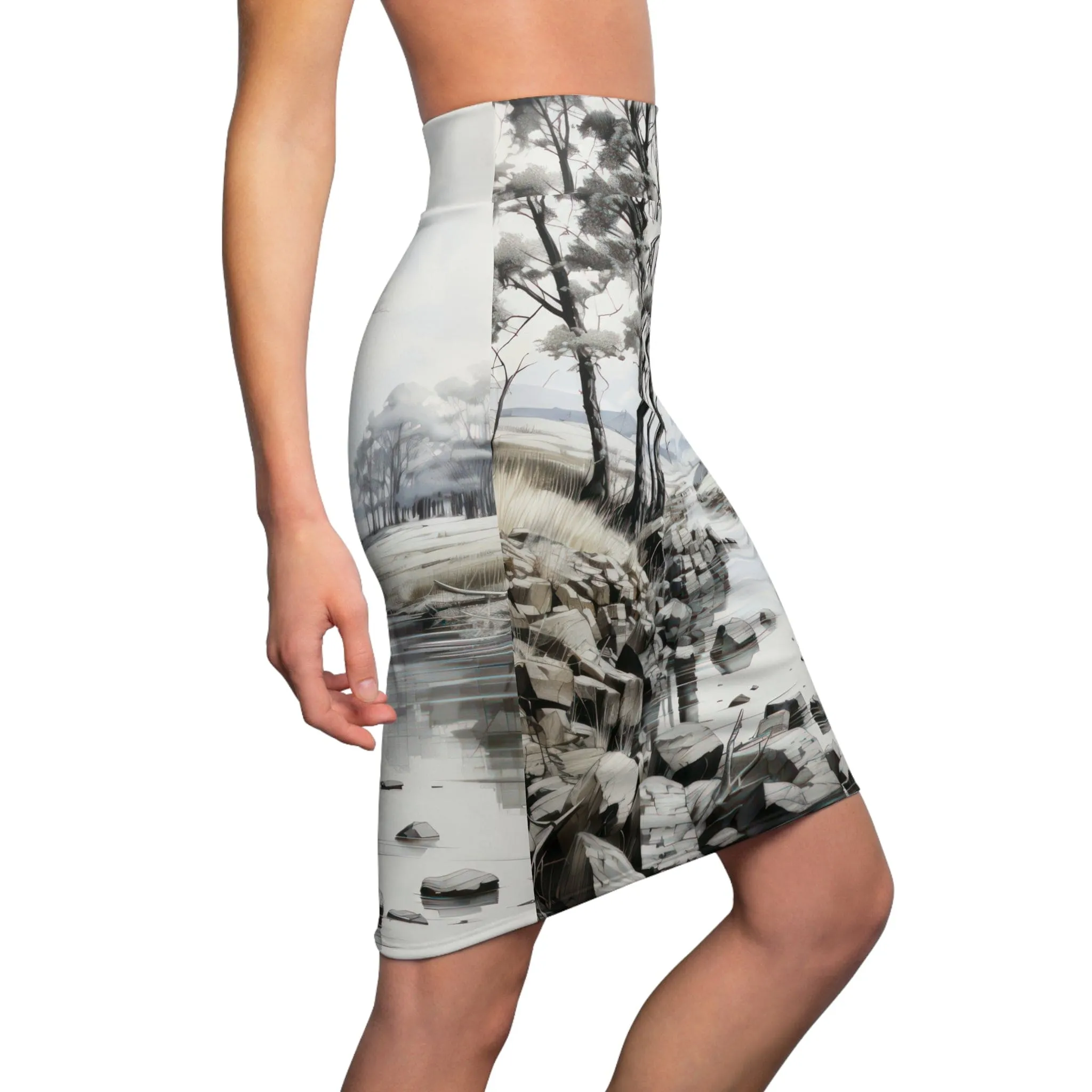 Womens Pencil Skirt - Still Waters Watercolor Print - Peaceful Lake Art