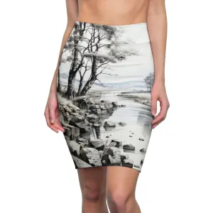 Womens Pencil Skirt - Still Waters Watercolor Print - Peaceful Lake Art